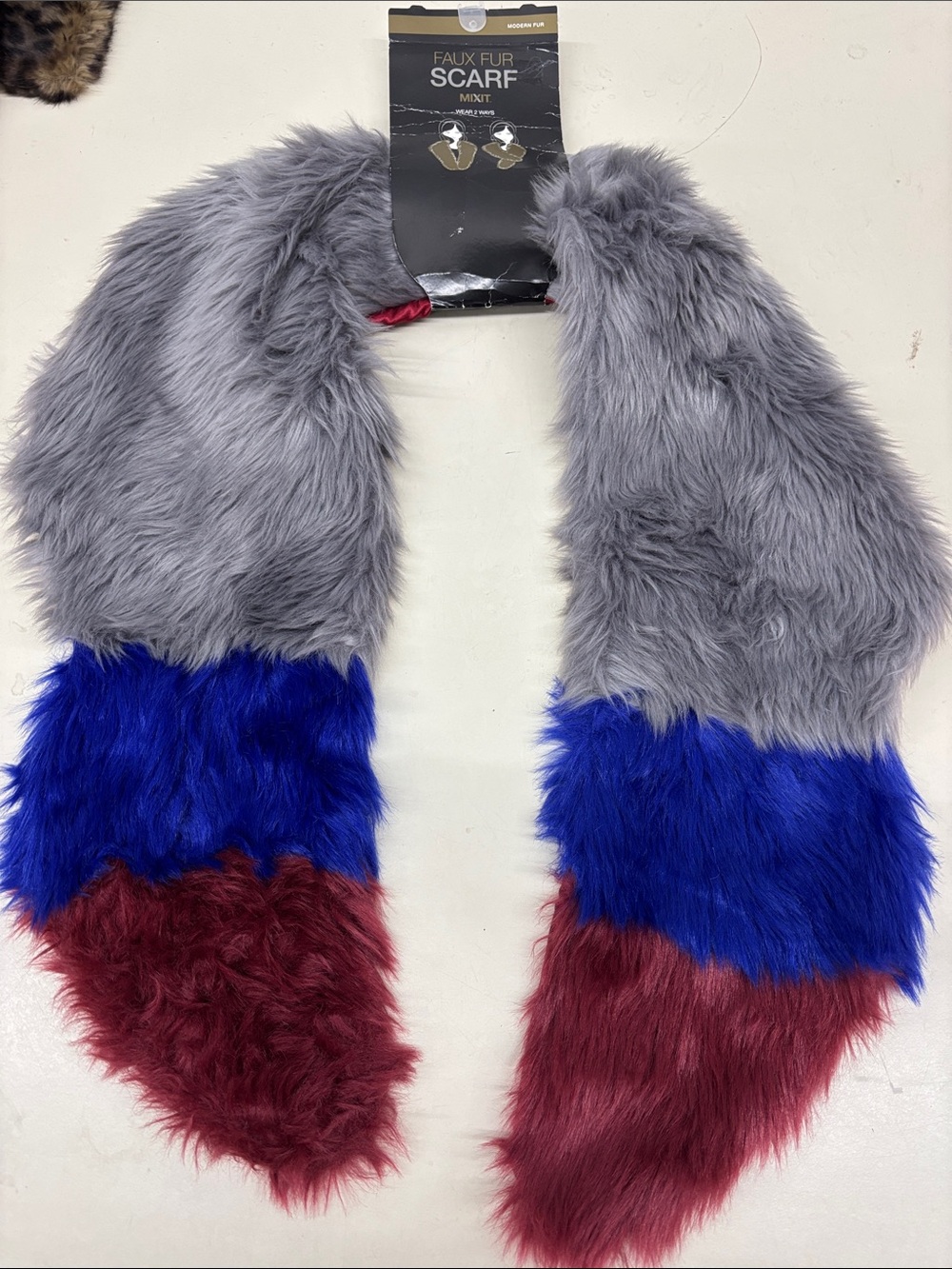 NWT Mixit Faux Fur Colorblock Scarf in Gray, Blue & Burgundy